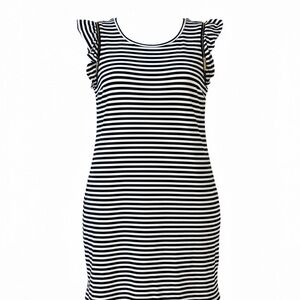 Michael Kors Navy White Striped Knit Dress Size L Gold Zip Sleeve Detail